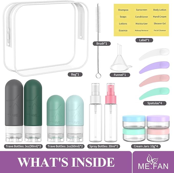 ME.FAN 18 Pack Travel Bottles for Toiletries, TSA Approved, Blue | Travel Size Containers Set, Silicone Squeezable Portable Split Bottle, Travel Accessories for Conditioner, Shampoo, Lotion - Image 2