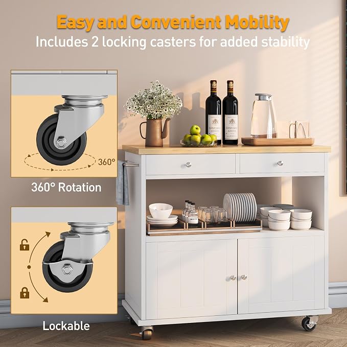 knoworld Rolling Kitchen Island with Storage Cabinet, 35.4'' Width Kitchen Cart, 2 Drawers Island Table, Portable Mobile Kitchen Island with Towel Rack, Wood Top and Lockable Wheels, White - Image 7