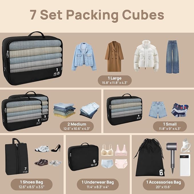 7 Set Compression Packing Cubes for Travel, Luggage Organizer Bags for Suitcases with Mesh Panels, Shoe Bag & Toiletry Bag for Carry On, Vacation & Cruise Essentials (Black) - Image 5