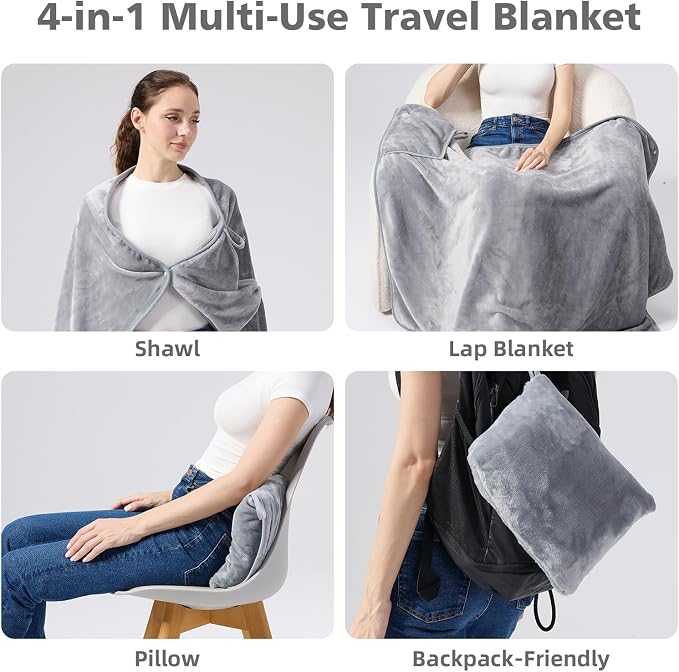 Packable Travel Throw Blanket, Light Grey | Soft lightweight wearable travel accessory with carry pouch, airplane blanket, road trips, office naps,outdoor camping - Image 2