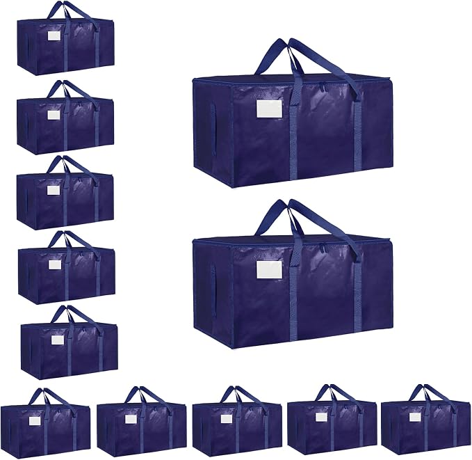 12 Pack-Extra Large Heavy Duty Moving Bags - Waterproof Storage Totes with Handles & Zippers, Foldable for College Dorm, Storage (Dark Blue) by Unknown
