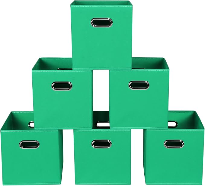 Green Foldable Storage Bins, 11x11x11, Set of 6, (Fabric Cube Organizer with Handle, for Cloth or Accessory Storage) by Yunkeeper