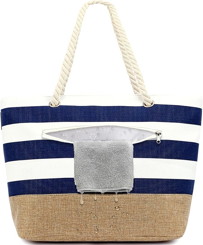 Fammart Beach Bags Waterproof Sandproof for Women, Large Canvas Pool Bag with Leakproof Wet Pocket & Zipper Cruise Essentials by Fammart