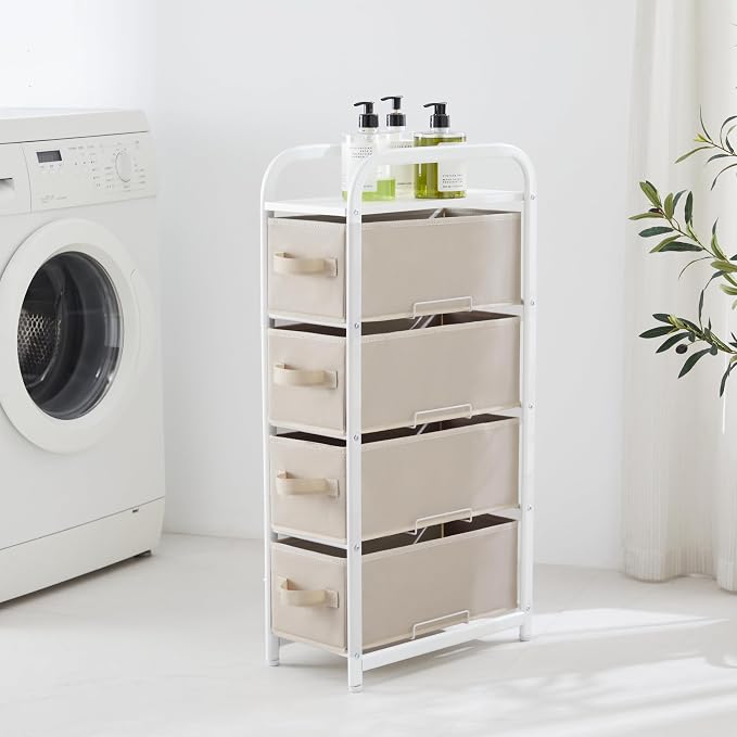 MAX Houser 4 Drawer Narrow Dresser Fabric Storage Tower Vertical Slim Storage Chest Organizer Nightstand Side/End Table Small Standing Organizer Removable Drawers Wood Top for Bedroom, Bathroom(Beige) - Image 6