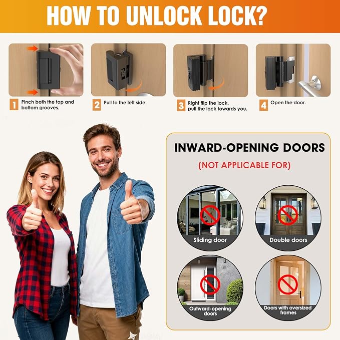 Upgraded Portable Door Lock for Travel & Home - No Drill Adjustable Security Lock for Inward Swing Doors, Fits Apartments & Hotels, Withstands 800lbs Force (1, Black - Portable) - Image 5