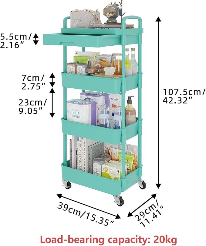 Calmootey 4-Tier Utility Cart with Drawer & Wheels, Storage for Home,Office | Space-Saving Organizer, Sturdy Plastic Shelves, Smooth-Rolling Metal Wheels, Built-in Drawer for Small Items, Green - Image 5