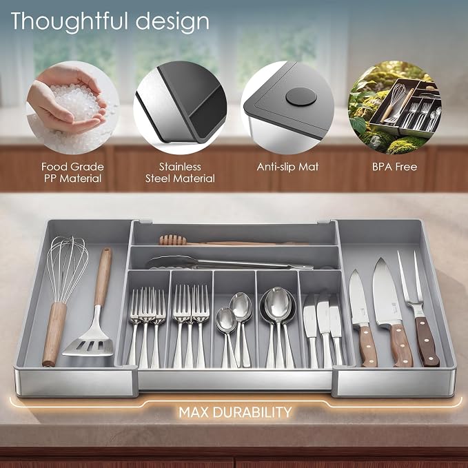 Silverware Drawer Organizer, 9 Slots Expandable Kitchen Drawer Organizer | Extra Large Utensil Holder & Cutlery Tray, Heavy Duty Stainless Steel Frame Flatware Organizer, Non-Slip Feet Included, Gray - Image 2