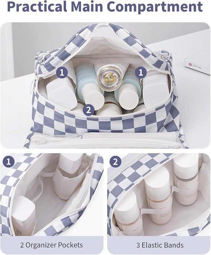 Narwey Small Hanging Travel Toiletry Bag for Traveling Women, Checkered Travel Bag for Toiletries, Makeup Bag Organizer Make Up Cosmetic Bags, Gifts for Kids Teen Girls (Grayish Blue Checkerboard) - Image 4