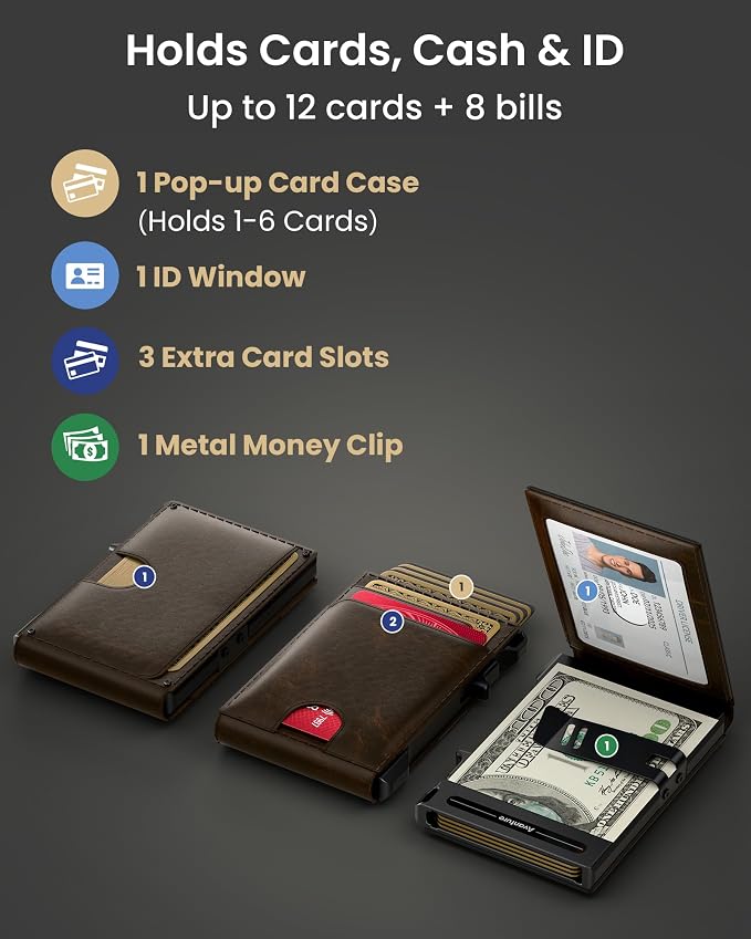 Wallet for Men Card Holder: Pop Up Card Case, Genuine Leather, Smart, RFID Blocking, Slim, Minimalist, Thin, Front Pocket - 12 Card Capacity, ID Window, Money Clip (Bronze) - Image 4