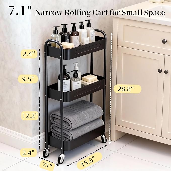 3 Tier Slim Metal Rolling Storage Cart for Laundry Room & Kitchen Organizer, 7.1'' Thin Standing Shelf for Narrow Spaces, Skinny Utility Cart with Wheels & Casters for Bathroom, Black - Image 7