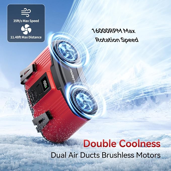 Doublepow 12000mAh Portable Waist Fan, Personal Waist Fan, Dual Air Ducts Motors, USB Rechargeable Clip On Belt for Working, 10 Speeds & 23H Wearable Neck Cooling, for Outdoor, Work, Travel (Red) - Image 3