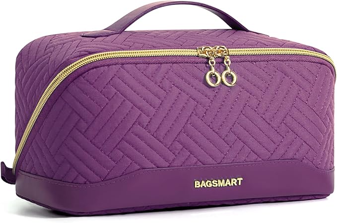 BAGSMART Makeup Bag Cosmetic Bag, Travel Makeup Bag,Water-resistent Makeup Bags for Women Portable Pouch Open Flat Make Up Organizer Bag for Toiletries, Brushes, Purple by BAGSMART