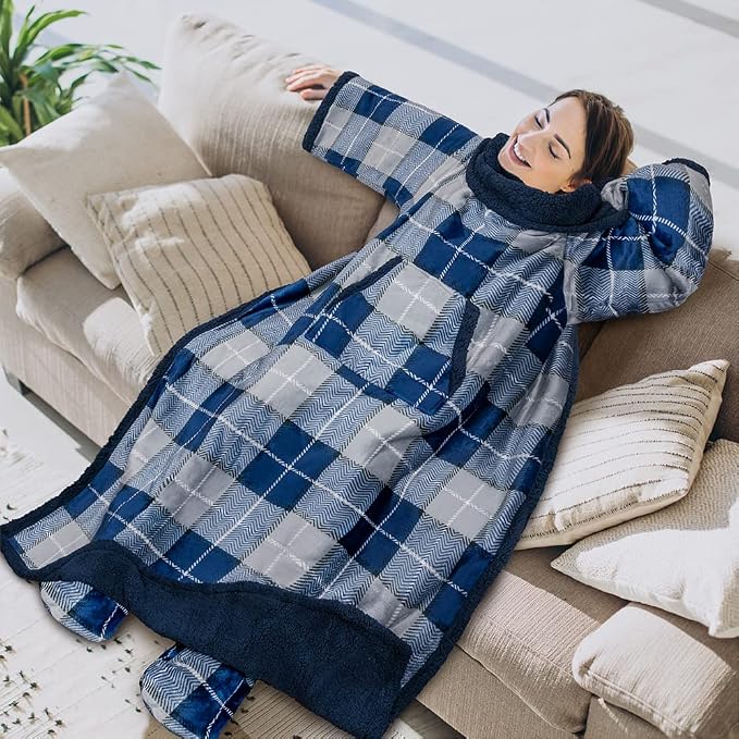 PAVILIA Sherpa Blanket with Sleeves, Foot Pocket for Women Men Adults, Thick Wearable Blanket Throw Wrap, Fleece Warm Snuggle Blanket Robe, Cozy Gift Ideas Wife Mom, Plaid Blue - Image 3