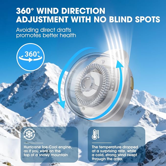 Timeno Portable Clip-On Bladeless Fan, Mini USB Rechargeable 360° Rotatable Fan, 3-Speed Silent Personal Cooling Fan for Outdoor Travel Office (White) - Image 7