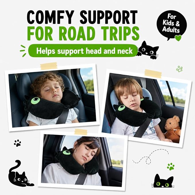 2-in-1 Travel Pillow for Kids & Adults Car Neck Pillow Memory Cotton U-Shaped Neck Pillow Soft Head Support Travel Accessories for Airplane Car Train Bus Airplane Pillow (cat) - Image 7