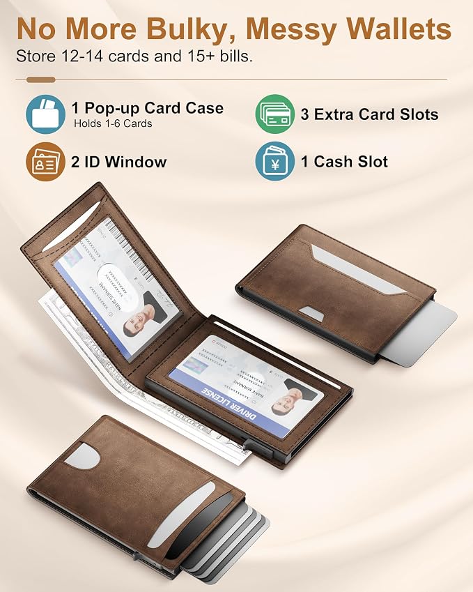 Wallet for Men: Pop Up Card Case, RFID Blocking, Slim, Minimalist, Genuine Leather, Front Pocket, Smart, Thin, Compact, Magnetic Flap Closure - 2 ID Windows, Up to 12 Cards & 15 Bills (Brown) - Image 3