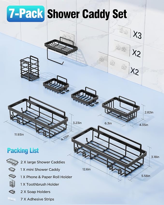 Shower Caddy 7 Pack, Adhesive Bathroom Shower Organizer for Bathroom Storage, No Drilling Large Capacity Rustproof Stainless Steel Shower Shelves Rack for Bath, Black - Image 6