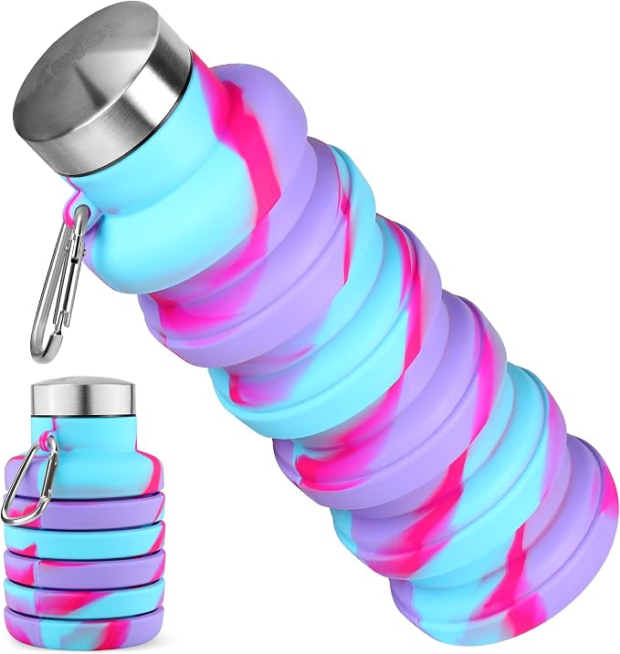 Collapsible Water Bottle, 16oz Portable Reusable Silicone Water Bottle with Carabiner for Gym, Travel, Camping, Hiking, Sports, Lightweight, BPA-Free, Leak-Proof, Foldable Design, Tie-dye Purple by HOME