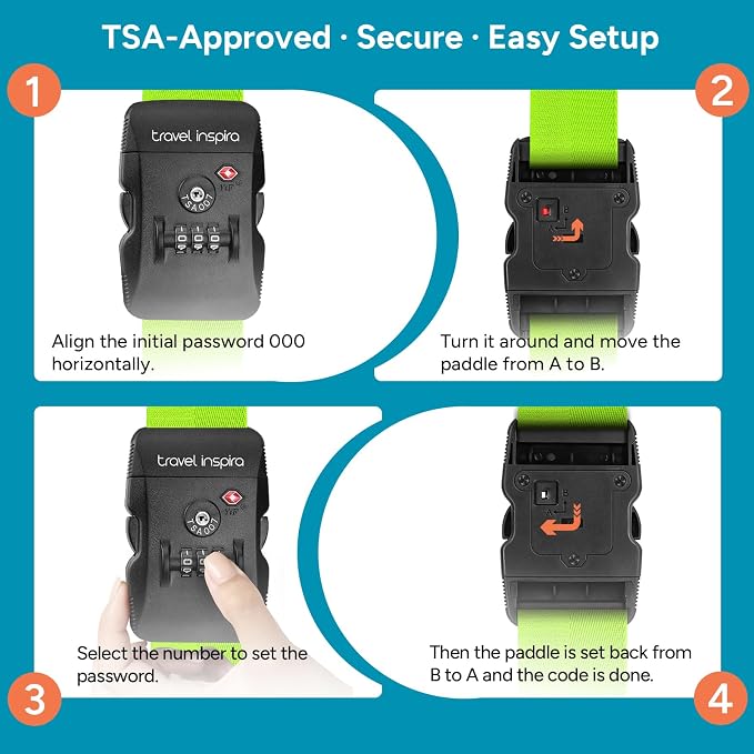 Travel Inspira 2 Pack Luggage Straps for Suitcases with TSA Lock | 2-Pack Set; TSA-Approved Lock with Tag; High Visibility Green; Adjustable 103-200cm; Heavy-Duty Nylon; 20-28 Inch Suitcases - Image 7