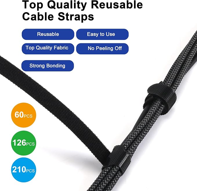 Nettbe Reusable Cable Ties, 210 PCS 6 Inches Adjustable Cord Straps Wire Organizer Cord Wrap and Hook Loop Cable Management - Image 6