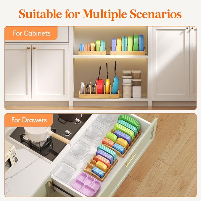 Lifewit Bamboo Lid Organizers for Inside Cabinet with 5 Sections | Food Container Lid Holder with 4 Adjustable Inserts, Kitchen Pantry organizer and storage, 10.6" X 8.3", Natural - Image 4