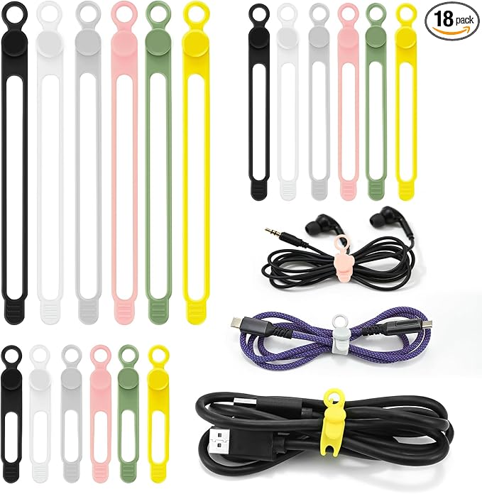 Silicone Cable Ties Reusable, 3 Sizes Cord Organizer Ties | 6 Colors Data Cable Organizer Ties, Cord Ties for Charging Cables, Wire Organizers, Electrical Cords, Computer Wires by CozyNestMo