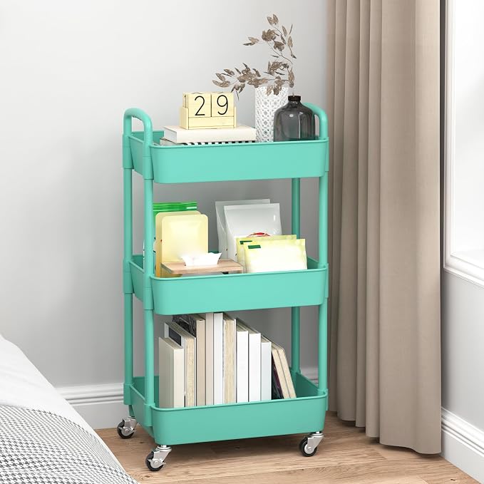 Sywhitta 3-Tier Plastic Rolling Utility Cart with Wheels for Storage, Green | Multi-Functional Storage Trolley, for Office, Living Room, Kitchen, Bathroom,Movable Organizer,Space-Saving,Easy to assemble - Image 3