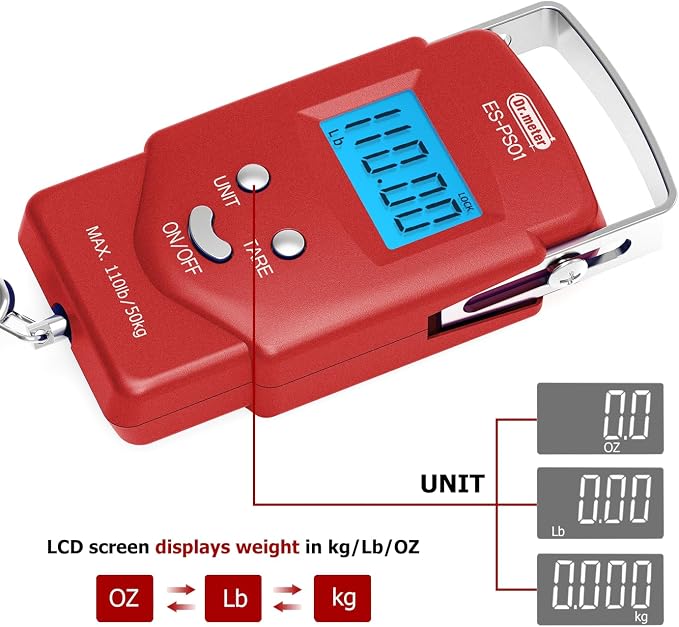 Dr.meter Fish Scale, 110 lb Digital Luggage Scale with Tape | 110 lb Capacity, Backlit LCD, Built-In Tape, Includes 2 AAA Batteries, Compact Pocket Size - Image 6