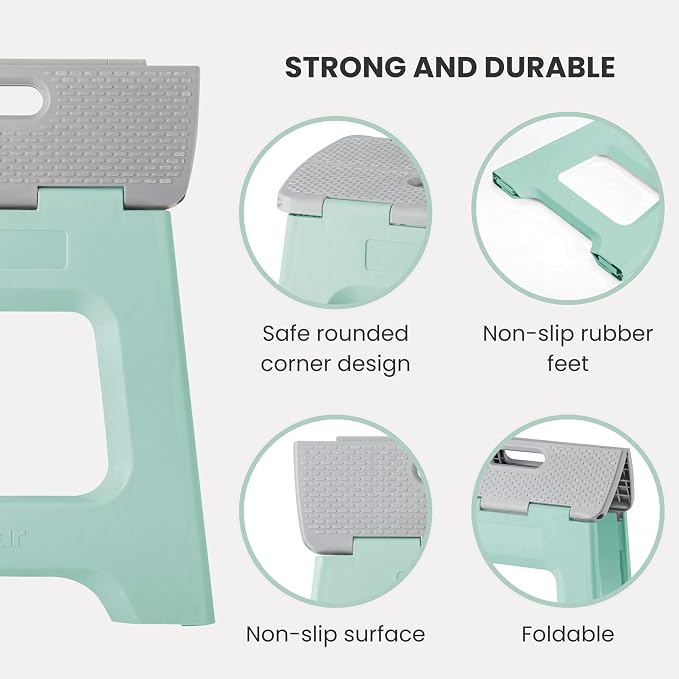 Vigar Compact Folding Step Stool, 12-1/2 in, Light Turquoise | 12-1/2 in Foldable Stool, Lightweight Portable Design, Handle, Non Slip Surface, Space-Saving, Supports up to 330 lb - Image 4