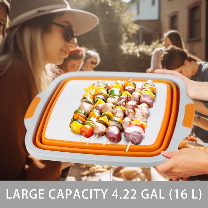 Tiawudi Large Collapsible BBQ Prep Tub with Lid(4.22 Gal/16L), Foldable Camping Sink with Colander, Cutting Board, Dish Basin for Kitchen, Bowl, Vegetable and Fruit, Storage Basket for Picnic - Image 7