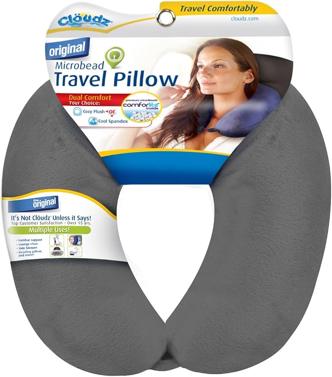 Dual Comfort Microbead Airplane Travel Neck Pillow. Super Soft Cozy Plush Fabric on One Side, Cool Relaxing Spandex on The Other! Customize Your Comfort and Support at Home or On The Go! Grey by Cl%C3%B6udz