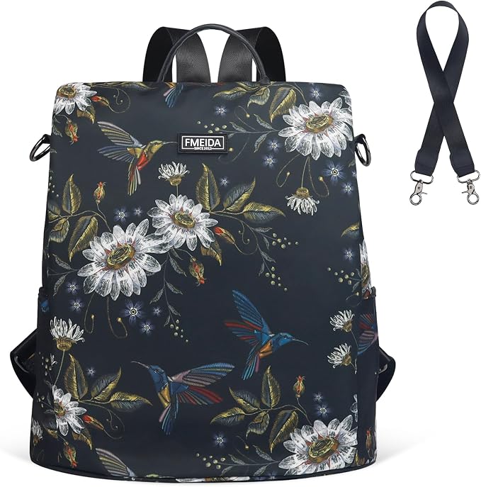 Convertible Backpack Purse for Women Nylon Anti-Theft Backpack | Hidden Back Zipper Opening, Light Compact Travel Size, Waterproof Nylon, Daypack for College Work, Hummingbird Back pack by Fmeida