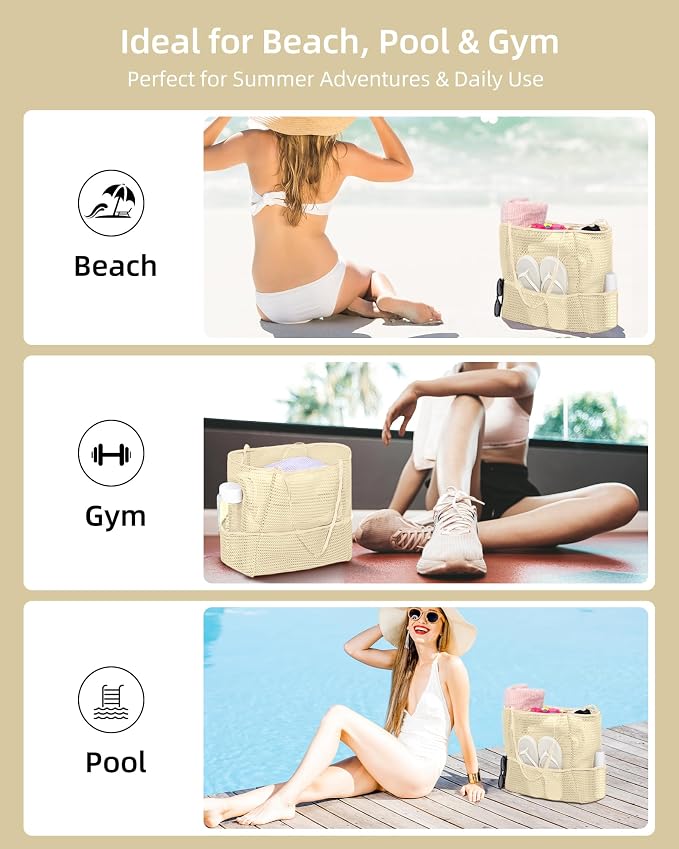 Mesh Beach Tote Bag for Women, 2-in-1 Large Lightweight Foldable Design | Packable into Matching Makeup Pouch | Multiple Pockets | Quick-Dry Sandproof Mesh | Beach, Pool, Travel, Shopping & Gym - Image 6