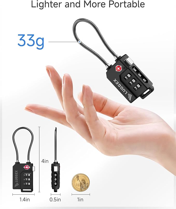 LUGGEX 10 Pack TSA Locks for Luggage, Luggage Locks TSA Approved | Suitcase Locks in Gift Box, Ultra-Light 33g Combination Cable Locks, Easy-Read Dials for Suitcase Backpack Gym, Black - Image 4