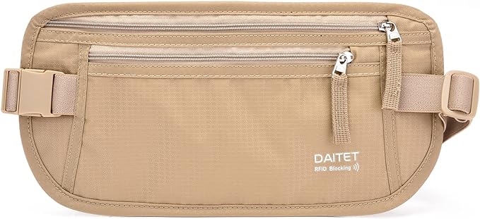 Money Belt - Passport Holder Secure Hidden Travel Wallet with RFID Blocking, Undercover Fanny Pack (Beige) by DAITET