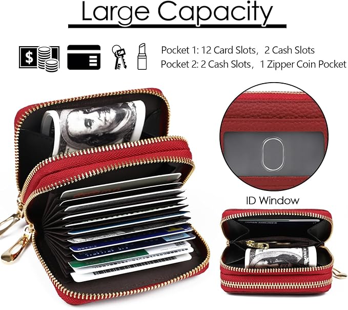 imeetu RFID Credit Card Holder, Small Card Wallet Women, Leather Card Case | Genuine Leather Women's Card & id Cases, Change Coin Purse with Zipper Keychain id Window, 20 Colors & 3 Styles, Daily, Gifts - Image 3