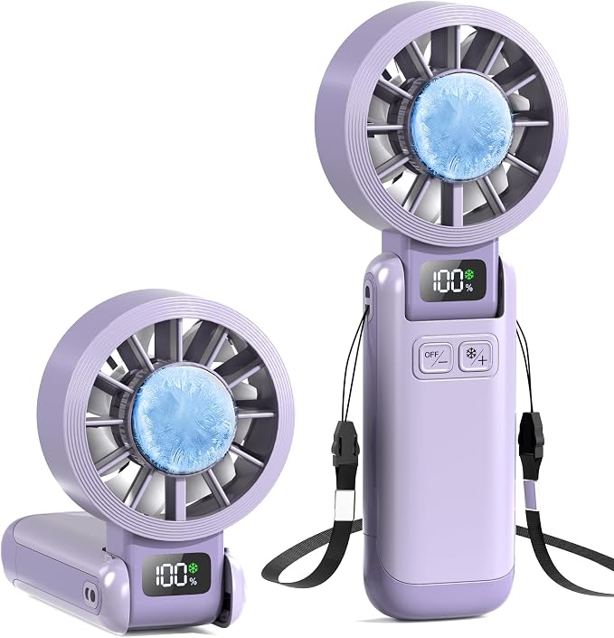 Portable Fan Handheld with Ice Cooling Rechargeable 5.5m/s Speed | 5-Speed, Independent Switch, Digital Display, Foldable Personal Fan for Travel/Concerts/Sport Events/Gifts by HusdenskyHandheldFan