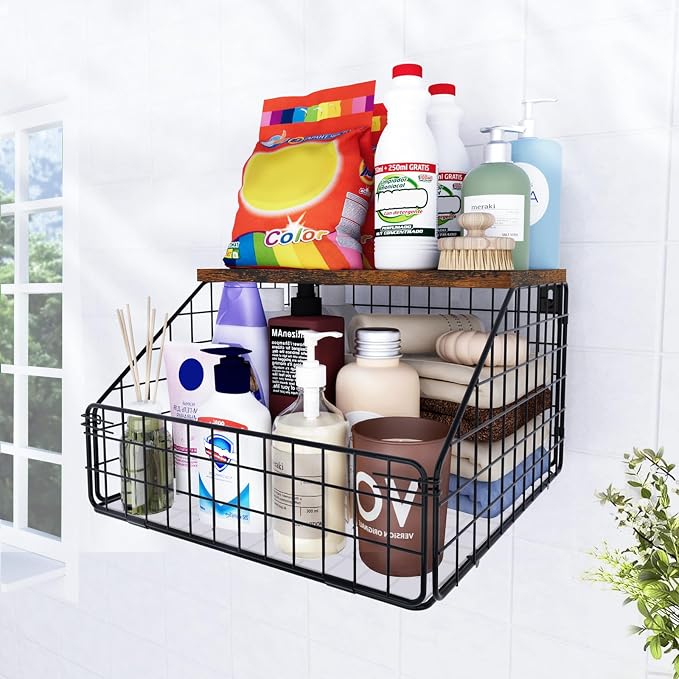 MSJGA Laundry Room Shelves, Wall Mounted Storage Basket, 11.8" Wx12 Dx8.5 H | Stackable Wire Wall Shelves Organizer for Towels, Detergent, Tissues, Space-Saving Over Washer & Dryer, Small Spaces by MSJGA