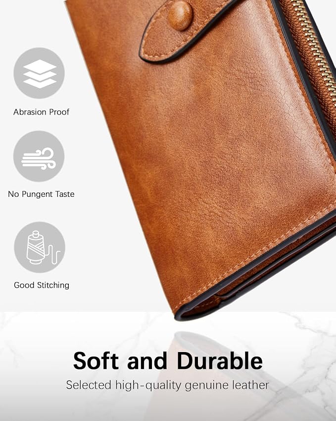 BOSTANTEN Womens Leather Wallet RFID Large Capacity Credit Card Holder | 4 ID Windows, 16 Card Slots, Zipper Coin Pocket, Clutch Wallet, Long Bifold, Ladies Gifts, Brown - Image 2