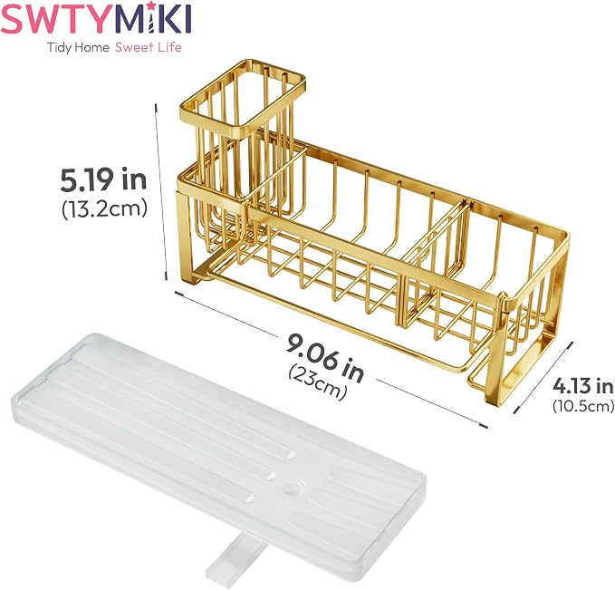 SWTYMIKI Sponge Holder for Kitchen Sink - Sink Caddy with Brush Holder Self-draining Sponge Caddy Organizer with Divider Stainless Steel Kitchen Accessories Storage for Countertop, Gold - Image 7