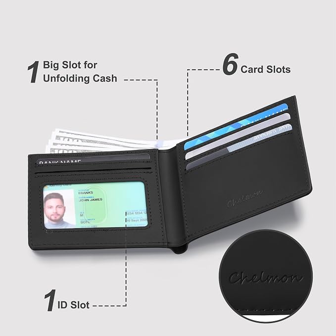 Chelmon Genuine Leather Slim Wallet for Men ID Window with RFID Blocking Minimalist Front Pocket Mens Bifold Bussiness Card Holder Gift for Men, Craze Horse Black - Image 2