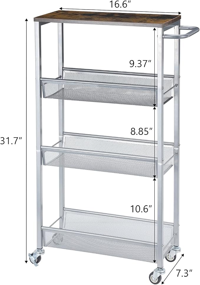 Slim Storage Cart, Metal Narrow Rolling Storage Cart for Kitchen, Silver | Wooden Top, Metal Handle, on Wheels, Shelving Unit for Small Space, Easy to Install. - Image 2