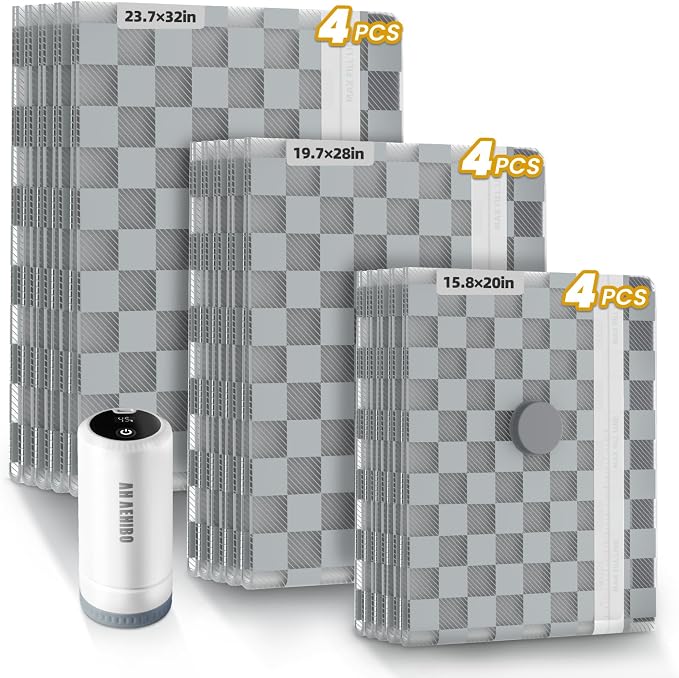 12 Pack Vacuum Storage Bags for Travel with Digital Display Air Pump,Carry-on Packing Bags for Luggage and Suitcase,Space Saver for Clothes by AHAEHIBO