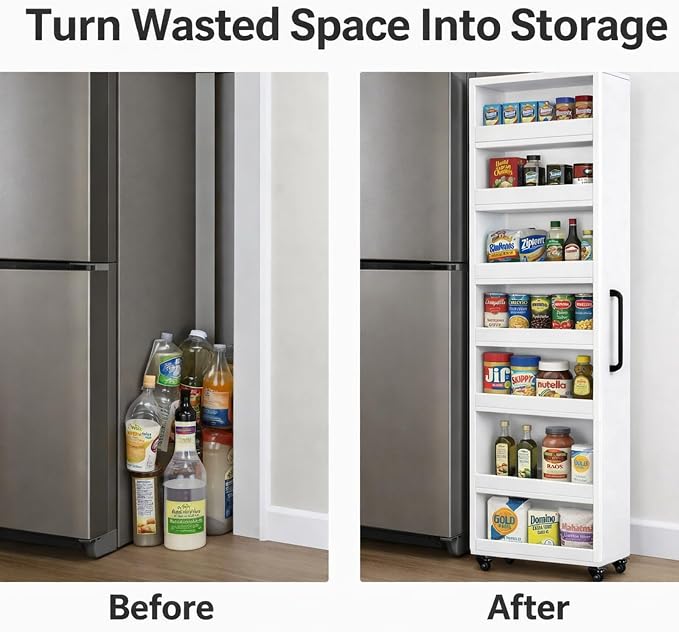 Beside Fridge Storage Slim Tall Cabinet - 7-Tier Tall Narrow Kitchen Pantry Pull Out Storage Cabinet Next To Fridge, Rolling Cart For Kitchen, Dorm, Bathroom, Laundry & Office (White, 23.6 in) - Image 7