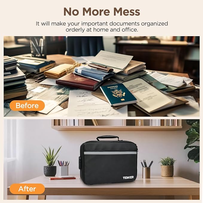 Document Bag with Lock, Fireproof File Storage Case with Water-Resistant, TENKER Organizer Box for Document, Safe Portable Travel Home Organizer for Laptop, Files, Certificates, Black(15''x11''x4'') - Image 9