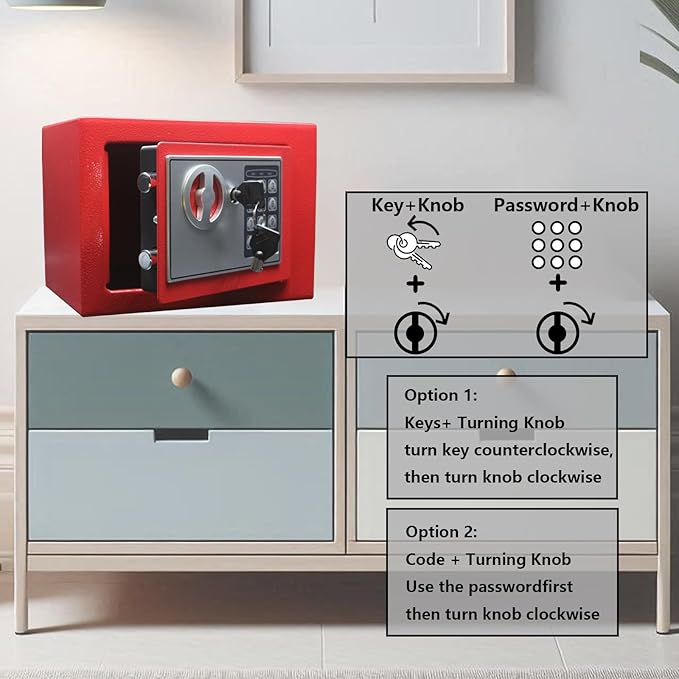 Yuanshikj Small Steel Security Safe Box with Keypad,Key;0.23 Cu Ft, Red | Electronic Digital Secure,9.1" W x 6.7" D x 6.7" H,Hidden for Home Dorm Apartment Hotel Office Cash Jewelry Storage - Image 6