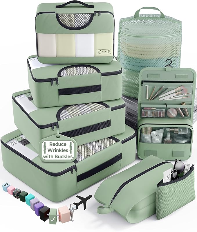 Veken 8 Set Packing Cubes for Travel Essentials,Anti-Wrinkle Buckled Suitcase Organizer for Shoe & Toiletry Bag,Carry On Luggage Bag with 99+ Count Mesh Holes for Airplane & College Dorm Accessories by Veken