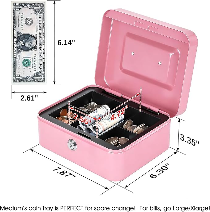 Kyodoled Medium Cash Box with Money Tray,Small Safe Lock Box with Key, Drawer,7.87"x 6.30"x 3.54" Pink - Image 2