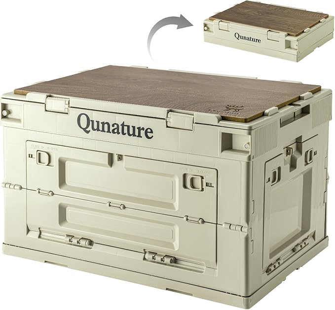 Collapsible Camping Storage Bin 60L with Lockable Doors & Cutting Board | Folds Flat, Stackable, 111 lbs Capacity, Removable Wood Board Top, 60L - Image 2