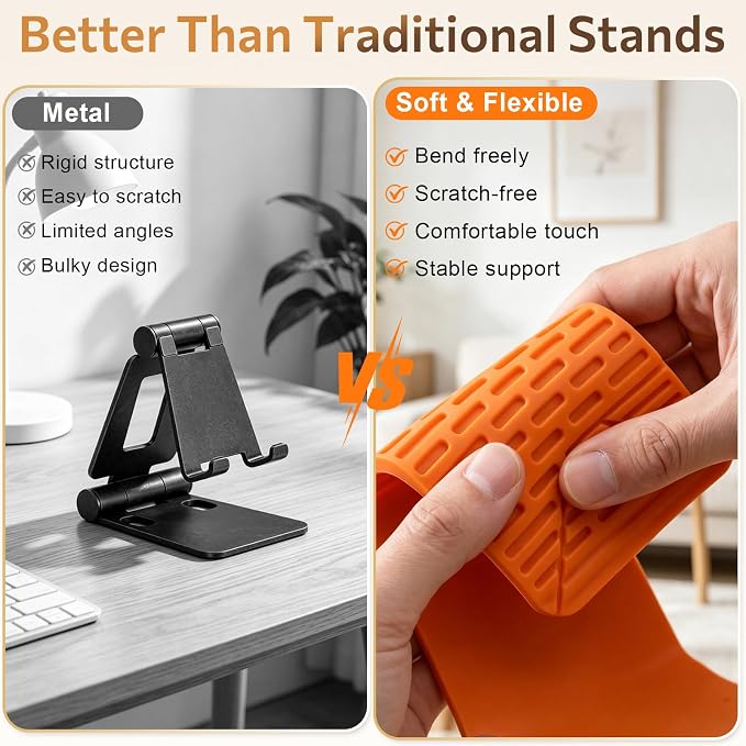 Flexible Silicone Phone Stand with Aluminum Core, Foldable Silicone Phone Holder for Cell Phones, Tablets & Small Devices, Adjustable Desktop & Airplane Phone Holder for Travel, Office & Home (Orange) - Image 4